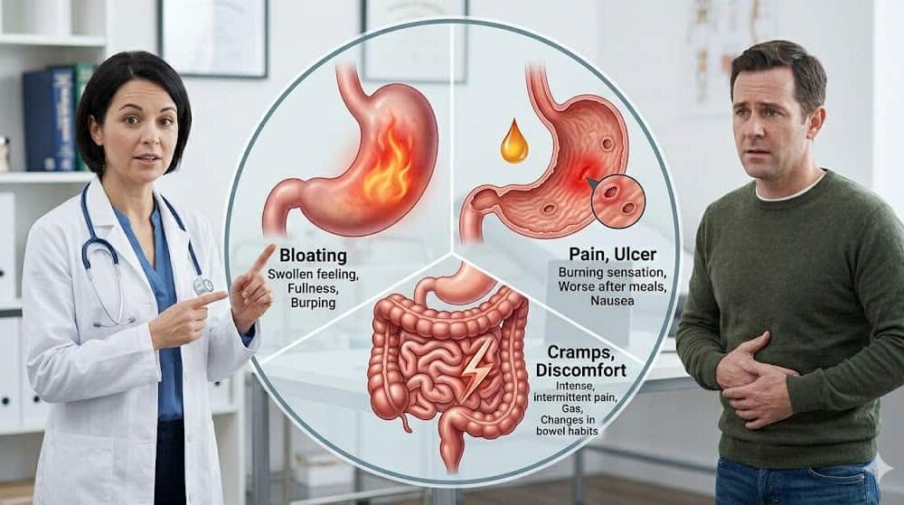 A medical infographic with a female doctor pointing to illustrative diagrams of a stomach with a fiery sensation, ulcers, and an inflamed colon. Text labels describe symptoms related to stomach pain, such as bloating, fullness, burping, a burning sensation, nausea, intense pain, gas, and changes in bowel habits. A worried-looking man stands on the right, holding his abdomen in discomfort. The setting is a professional medical clinic.