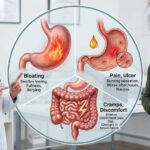 A medical infographic with a female doctor pointing to illustrative diagrams of a stomach with a fiery sensation, ulcers, and an inflamed colon. Text labels describe symptoms related to stomach pain, such as bloating, fullness, burping, a burning sensation, nausea, intense pain, gas, and changes in bowel habits. A worried-looking man stands on the right, holding his abdomen in discomfort. The setting is a professional medical clinic.