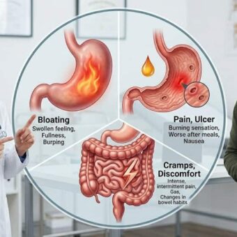 A medical infographic with a female doctor pointing to illustrative diagrams of a stomach with a fiery sensation, ulcers, and an inflamed colon. Text labels describe symptoms related to stomach pain, such as bloating, fullness, burping, a burning sensation, nausea, intense pain, gas, and changes in bowel habits. A worried-looking man stands on the right, holding his abdomen in discomfort. The setting is a professional medical clinic.