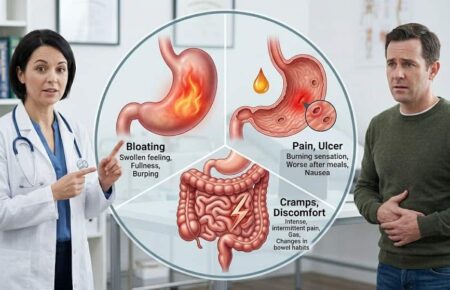 A medical infographic with a female doctor pointing to illustrative diagrams of a stomach with a fiery sensation, ulcers, and an inflamed colon. Text labels describe symptoms related to stomach pain, such as bloating, fullness, burping, a burning sensation, nausea, intense pain, gas, and changes in bowel habits. A worried-looking man stands on the right, holding his abdomen in discomfort. The setting is a professional medical clinic.