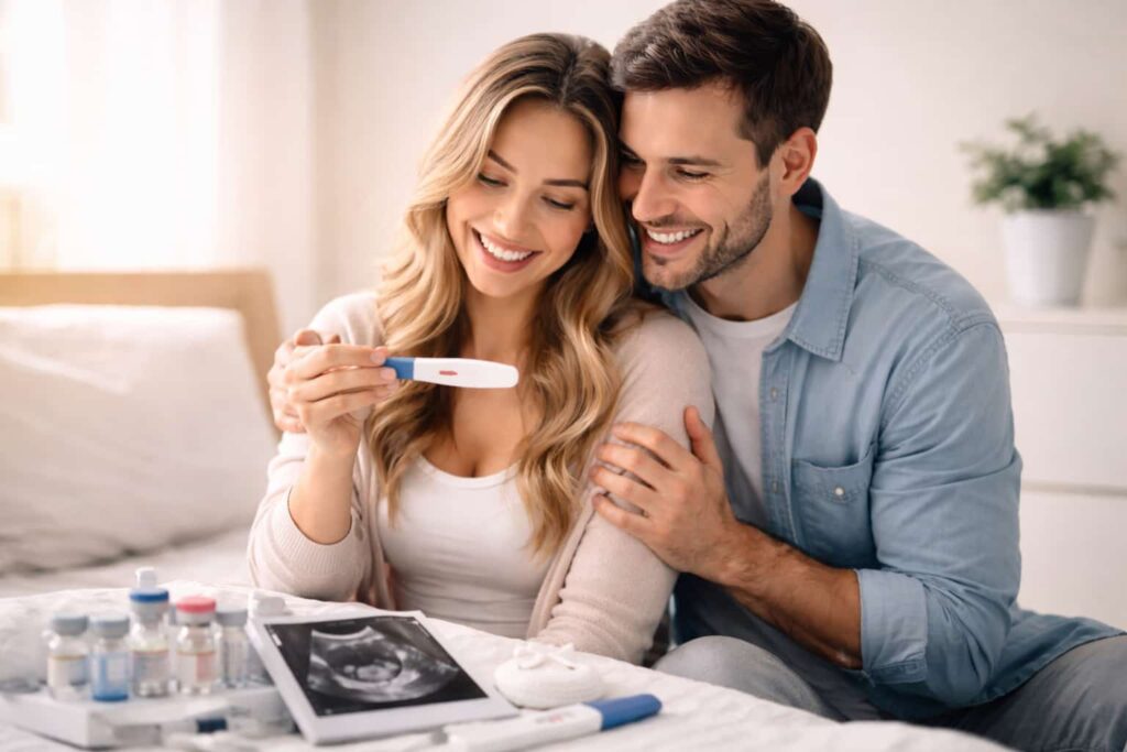 Happy couple celebrating successful IVF treatment with a positive pregnancy test, symbolizing conception and fertility success in a warm home setting.