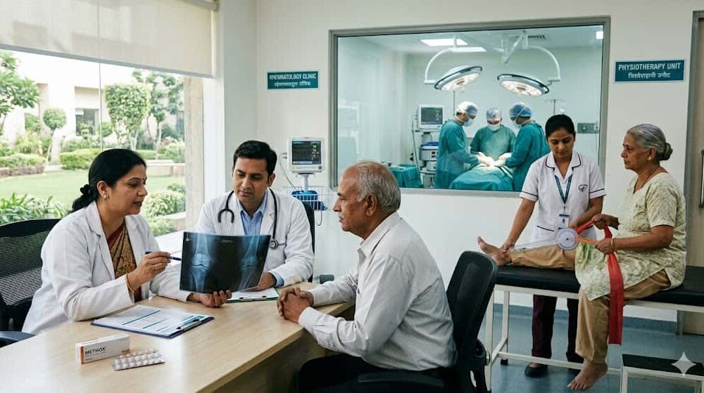 A composite photograph capturing three phases of arthritis treatment in India: consultation with Indian doctors reviewing an X-ray and medication ('METHOX') at a desk with an older male patient; physiotherapy with a therapist and older woman using a resistance band; and a glimpse through a window of a surgical team performing knee surgery.A composite photograph capturing three phases of arthritis treatment in India: consultation with Indian doctors reviewing an X-ray and medication ('METHOX') at a desk with an older male patient; physiotherapy with a therapist and older woman using a resistance band; and a glimpse through a window of a surgical team performing knee surgery.