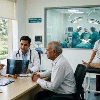 A composite photograph capturing three phases of arthritis treatment in India: consultation with Indian doctors reviewing an X-ray and medication ('METHOX') at a desk with an older male patient; physiotherapy with a therapist and older woman using a resistance band; and a glimpse through a window of a surgical team performing knee surgery.A composite photograph capturing three phases of arthritis treatment in India: consultation with Indian doctors reviewing an X-ray and medication ('METHOX') at a desk with an older male patient; physiotherapy with a therapist and older woman using a resistance band; and a glimpse through a window of a surgical team performing knee surgery.