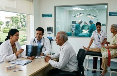 A composite photograph capturing three phases of arthritis treatment in India: consultation with Indian doctors reviewing an X-ray and medication ('METHOX') at a desk with an older male patient; physiotherapy with a therapist and older woman using a resistance band; and a glimpse through a window of a surgical team performing knee surgery.A composite photograph capturing three phases of arthritis treatment in India: consultation with Indian doctors reviewing an X-ray and medication ('METHOX') at a desk with an older male patient; physiotherapy with a therapist and older woman using a resistance band; and a glimpse through a window of a surgical team performing knee surgery.