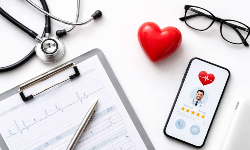 Healthcare concept showing tools and heart symbol for finding the best cardiologist