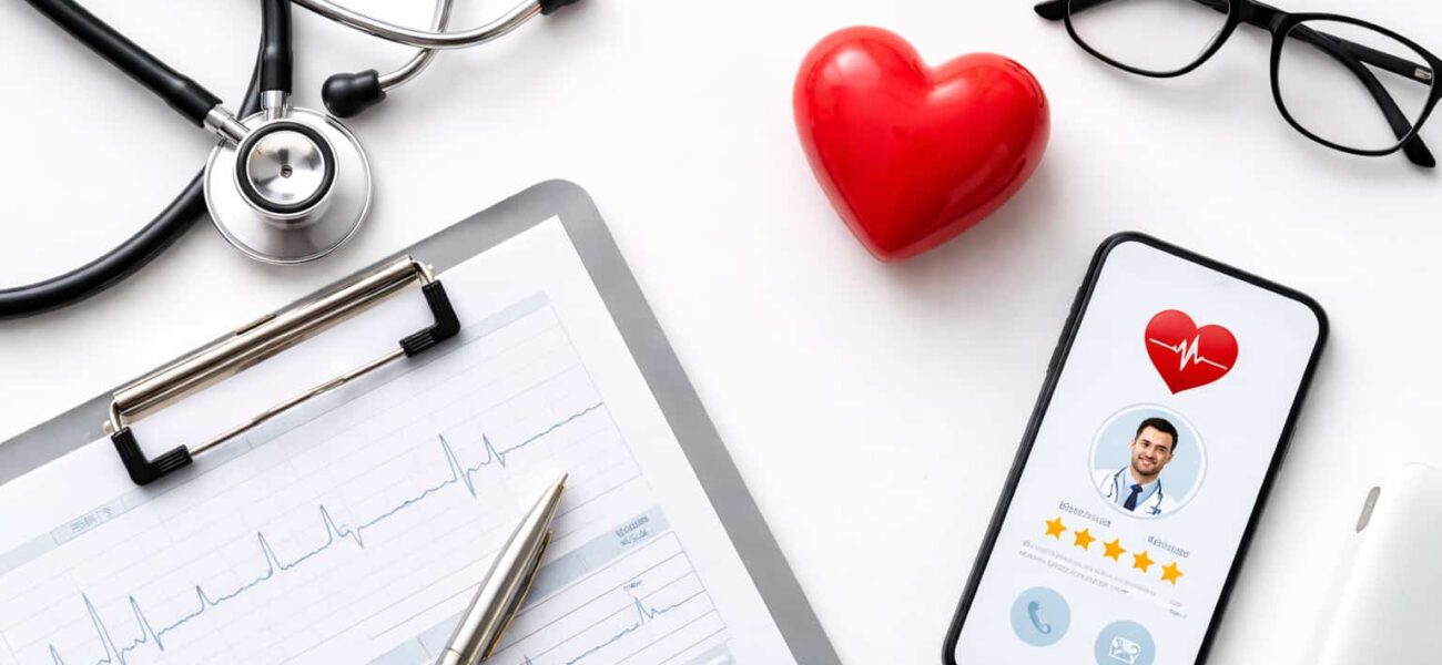 Healthcare concept showing tools and heart symbol for finding the best cardiologist