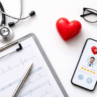 Healthcare concept showing tools and heart symbol for finding the best cardiologist