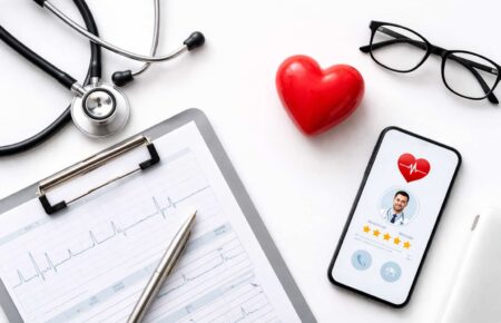 Healthcare concept showing tools and heart symbol for finding the best cardiologist