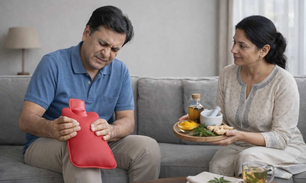Middle-aged man experiencing joint pain holding a hot water bag while a woman offers natural remedies like turmeric and ginger at home.