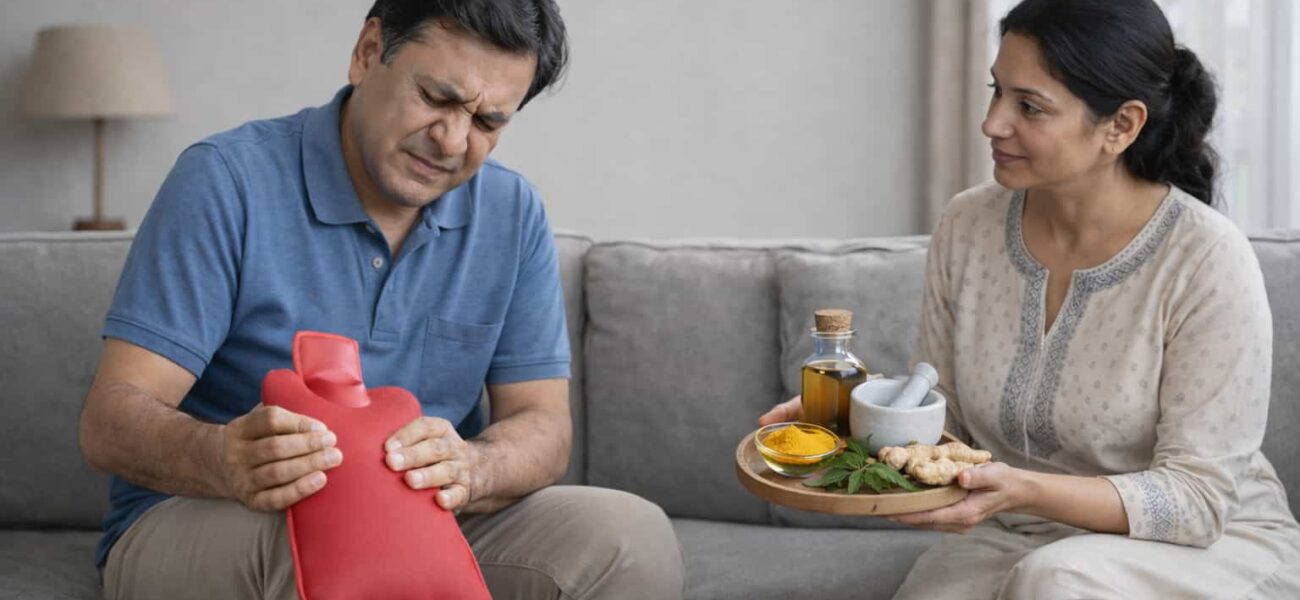 Middle-aged man experiencing joint pain holding a hot water bag while a woman offers natural remedies like turmeric and ginger at home.
