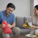 Middle-aged man experiencing joint pain holding a hot water bag while a woman offers natural remedies like turmeric and ginger at home.