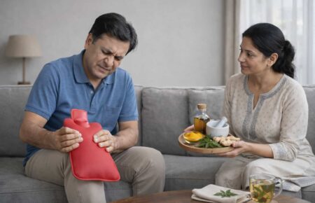 Middle-aged man experiencing joint pain holding a hot water bag while a woman offers natural remedies like turmeric and ginger at home.