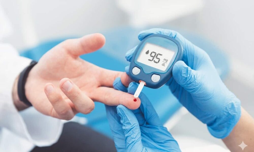 A high-quality, professional photograph focusing on blood sugar control, featuring a close-up of a healthcare provider's hands in blue clinical gloves performing a glucose test on an Indian patient's finger