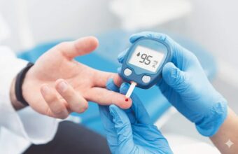 A high-quality, professional photograph focusing on blood sugar control, featuring a close-up of a healthcare provider's hands in blue clinical gloves performing a glucose test on an Indian patient's finger