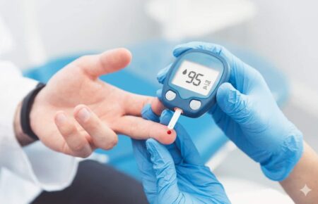 A high-quality, professional photograph focusing on blood sugar control, featuring a close-up of a healthcare provider's hands in blue clinical gloves performing a glucose test on an Indian patient's finger