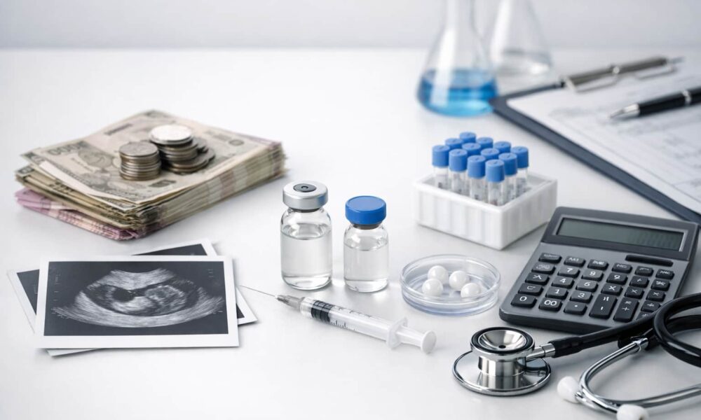 Infertility treatment concept showing medical vials, syringe, ultrasound reports, calculator, and money representing healthcare costs and financial planning for infertility treatment
