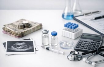 Infertility treatment concept showing medical vials, syringe, ultrasound reports, calculator, and money representing healthcare costs and financial planning for infertility treatment