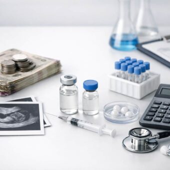 Infertility treatment concept showing medical vials, syringe, ultrasound reports, calculator, and money representing healthcare costs and financial planning for infertility treatment