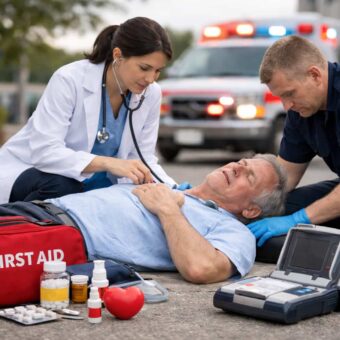Professional emergency scene showing a patient experiencing a heart attack, lying on the ground while a doctor and paramedic provide first aid, surrounded by medical equipment, medicines, and a defibrillator with an ambulance in the background.