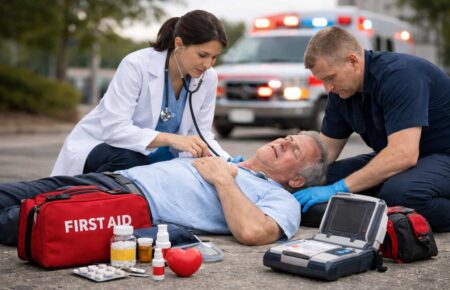 Professional emergency scene showing a patient experiencing a heart attack, lying on the ground while a doctor and paramedic provide first aid, surrounded by medical equipment, medicines, and a defibrillator with an ambulance in the background.