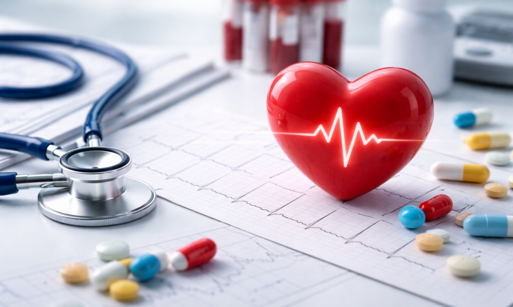 A realistic medical scene featuring a red heart model with a glowing ECG line placed on medical reports, surrounded by a stethoscope, pills, and blood test vials in a clean clinical setting.