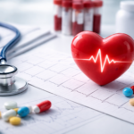 A realistic medical scene featuring a red heart model with a glowing ECG line placed on medical reports, surrounded by a stethoscope, pills, and blood test vials in a clean clinical setting.