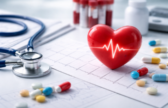 A realistic medical scene featuring a red heart model with a glowing ECG line placed on medical reports, surrounded by a stethoscope, pills, and blood test vials in a clean clinical setting.