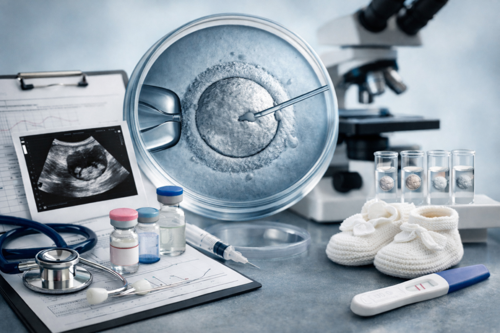 Close-up of IVF treatment process showing fertilization in a petri dish with medical tools, embryo samples, and ultrasound report in a clinical laboratory setting.