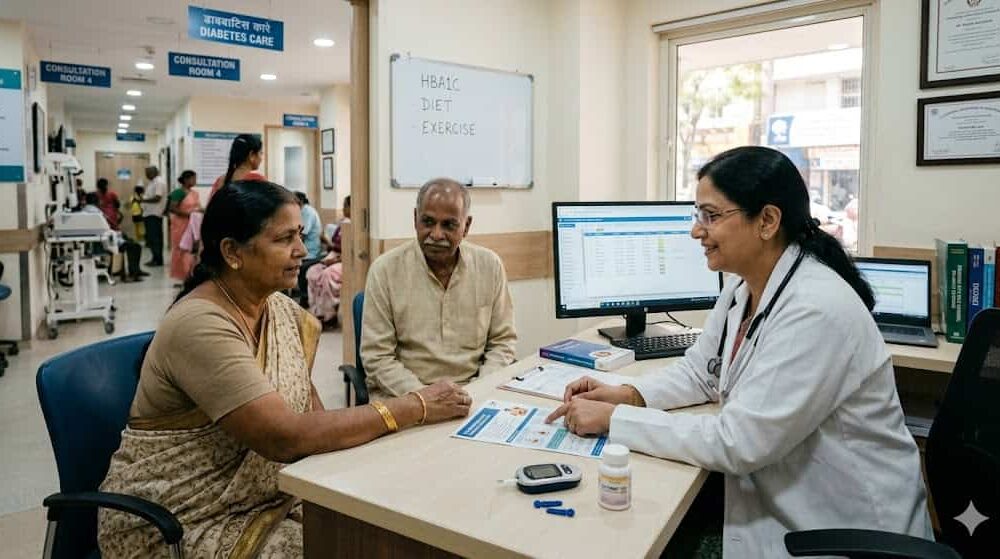 A photo of a doctor in a medical clinic consulting with an Indian couple regarding a diabetes treatment plan.