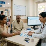 A photo of a doctor in a medical clinic consulting with an Indian couple regarding a diabetes treatment plan.