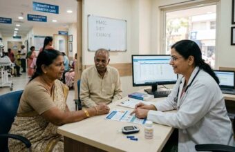 A photo of a doctor in a medical clinic consulting with an Indian couple regarding a diabetes treatment plan.