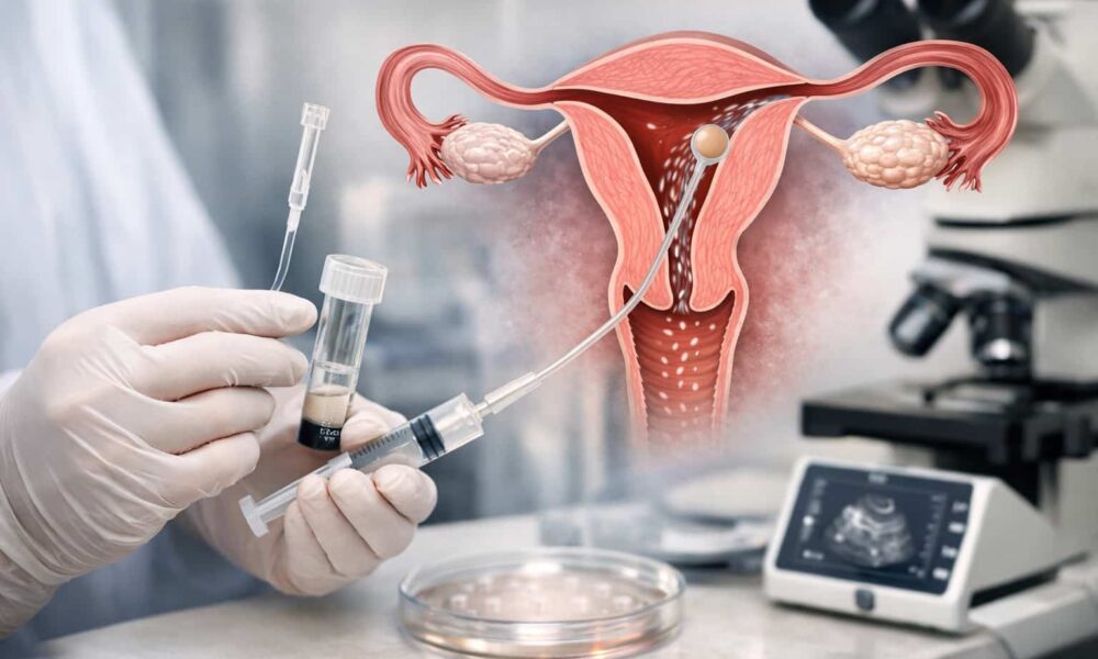 Medical illustration of intrauterine insemination (IUI) procedure showing a catheter delivering sperm into the uterus, with a doctor’s gloved hands holding a sample vial and syringe in a clinical laboratory setting.