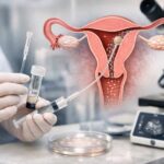 Medical illustration of intrauterine insemination (IUI) procedure showing a catheter delivering sperm into the uterus, with a doctor’s gloved hands holding a sample vial and syringe in a clinical laboratory setting.