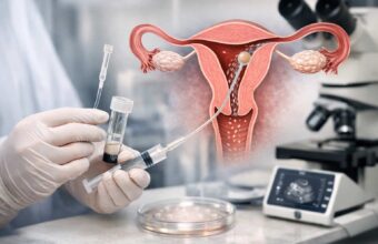 Medical illustration of intrauterine insemination (IUI) procedure showing a catheter delivering sperm into the uterus, with a doctor’s gloved hands holding a sample vial and syringe in a clinical laboratory setting.