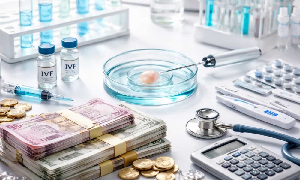 IVF cost concept with lab petri dish, embryo injection, medical equipment, and stacks of money representing fertility treatment expenses