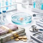 IVF cost concept with lab petri dish, embryo injection, medical equipment, and stacks of money representing fertility treatment expenses