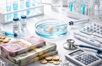 IVF cost concept with lab petri dish, embryo injection, medical equipment, and stacks of money representing fertility treatment expenses
