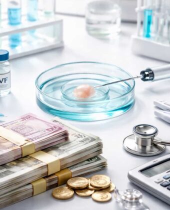 IVF cost concept with lab petri dish, embryo injection, medical equipment, and stacks of money representing fertility treatment expenses