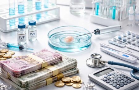 IVF cost concept with lab petri dish, embryo injection, medical equipment, and stacks of money representing fertility treatment expenses