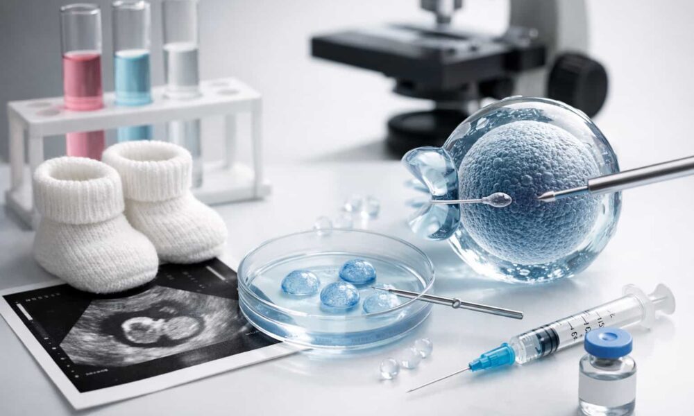IVF treatment process showing fertilized egg injection, petri dish embryos, medical syringe, ultrasound scan, and laboratory equipment in a modern fertility clinic setting