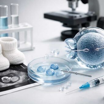 IVF treatment process showing fertilized egg injection, petri dish embryos, medical syringe, ultrasound scan, and laboratory equipment in a modern fertility clinic setting