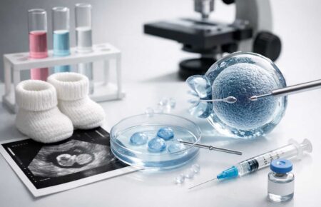 IVF treatment process showing fertilized egg injection, petri dish embryos, medical syringe, ultrasound scan, and laboratory equipment in a modern fertility clinic setting