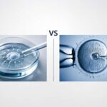 IVF vs ICSI comparison showing fertilization in a petri dish on one side and sperm injection into an egg on the other, separated by a central VS divider.