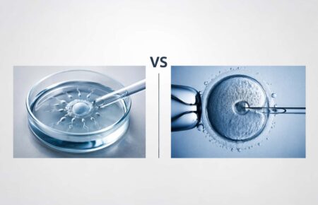 IVF vs ICSI comparison showing fertilization in a petri dish on one side and sperm injection into an egg on the other, separated by a central VS divider.