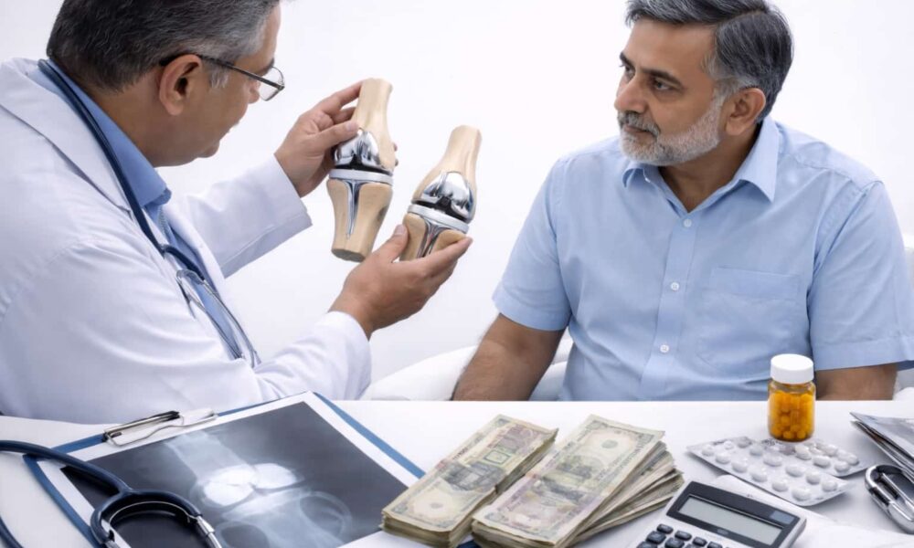 Orthopedic doctor explaining **knee replacement surgery** using a joint model to a middle-aged male patient, with X-ray reports, medical tools, medicines, cash, and a calculator placed on the table in a clean clinical setting.