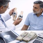 Orthopedic doctor explaining **knee replacement surgery** using a joint model to a middle-aged male patient, with X-ray reports, medical tools, medicines, cash, and a calculator placed on the table in a clean clinical setting.