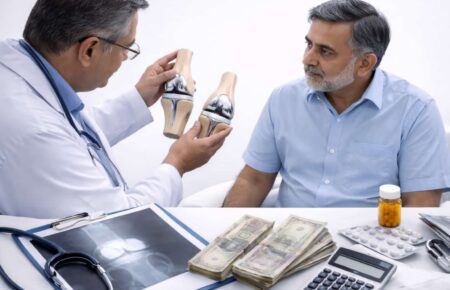 Orthopedic doctor explaining **knee replacement surgery** using a joint model to a middle-aged male patient, with X-ray reports, medical tools, medicines, cash, and a calculator placed on the table in a clean clinical setting.