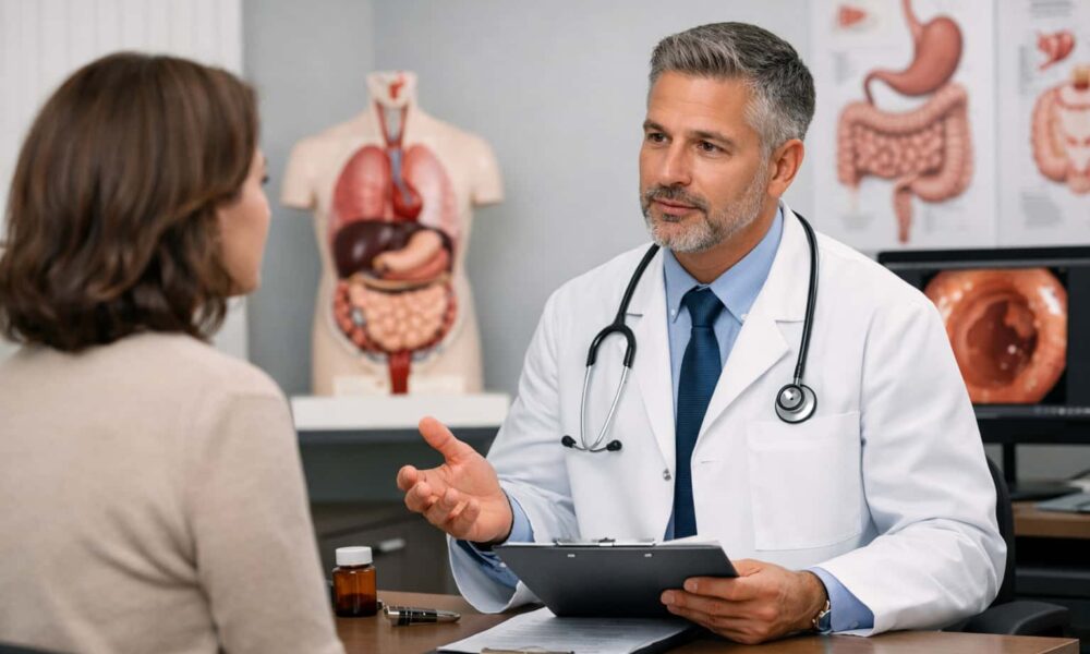 gastroenterologist consultation with patient in a professional medical clinic setting