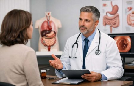 gastroenterologist consultation with patient in a professional medical clinic setting