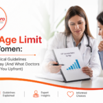Professional horizontal IVF awareness banner featuring the DrCuro logo on the top left, bold headline “IVF Age Limit for Women,” and a female doctor discussing IVF success rates with a woman patient in a modern clinic setting. Clean white background with orange and red medical branding elements, simple healthcare design, and informative fertility consultation theme.